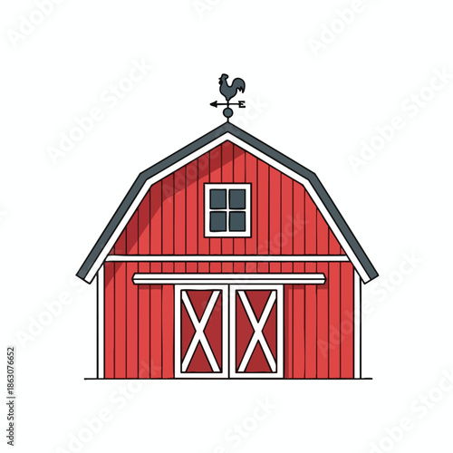 A cartoon red barn with black roof, rooster weathervane, and double doors