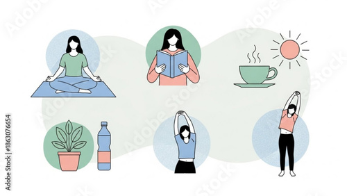 Collection of simple flat icons representing self-care activities like yoga reading and drinking tea perfect for wellness apps and healthy lifestyle concepts