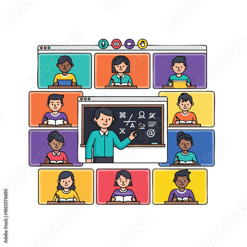 Illustration depicts an online class with students and a teacher