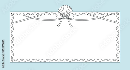 Nautical themed rectangular frame featuring a white seashell in the center and a wavy border on a light blue background.