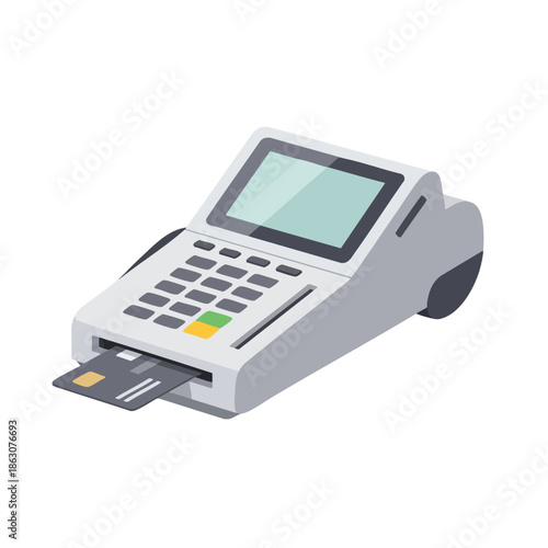 An illustration of a payment terminal with a credit card inserted, white background