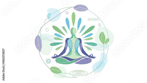 Meditating person with radiating energy serene yoga pose illustration for wellness and mindfulness concepts abstract design on white background