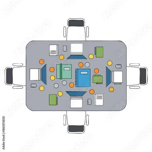 Vector illustration of a conference table with documents, screens, and chairs