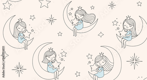 Seamless background pattern featuring cute little princesses sitting on crescent moons and holding bright stars.
