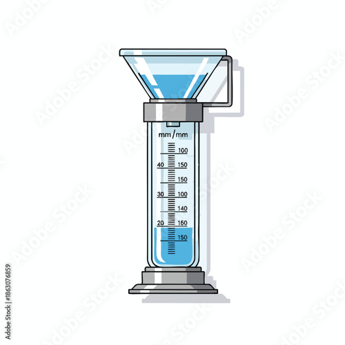 An illustrated rain gauge, with funnel and measurement markings, with liquid collected