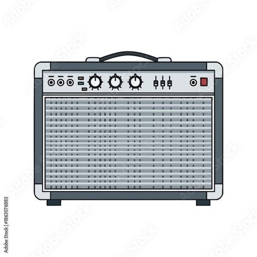 A flat illustration of a gray and black guitar amplifier with controls