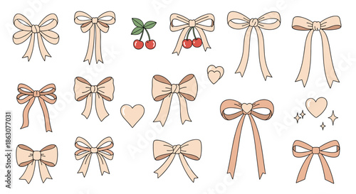 Large collection of varied ribbon bow designs and hearts in soft beige and cream colors over white background.