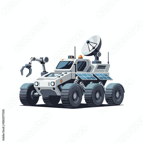 Vector illustration of a futuristic, wheeled robotic rover with an articulated arm