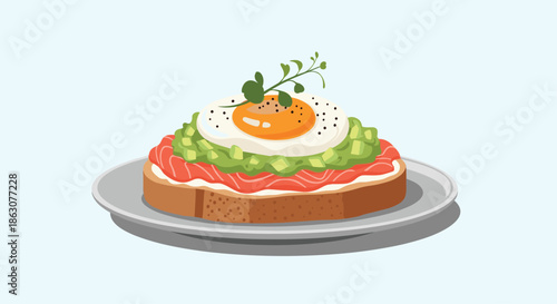 Healthy avocado toast with slices of smoked salmon and a perfectly fried egg served on a plate for breakfast.