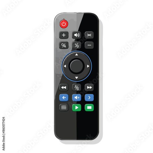 Black remote with multi-colored buttons. Features include power, volume, and navigation keys