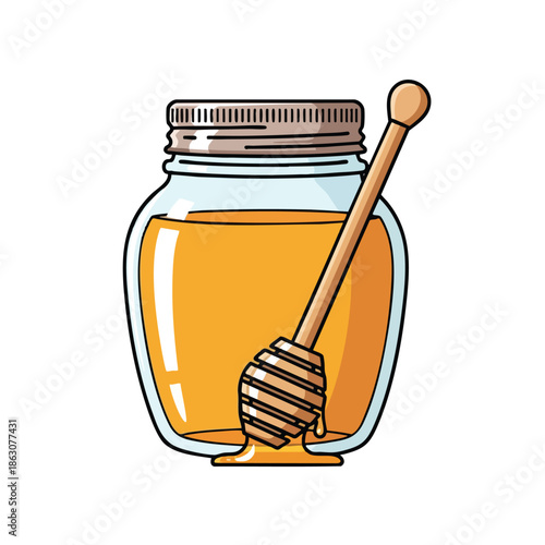 A glass jar filled with honey, with a dipper inside. Honey drips