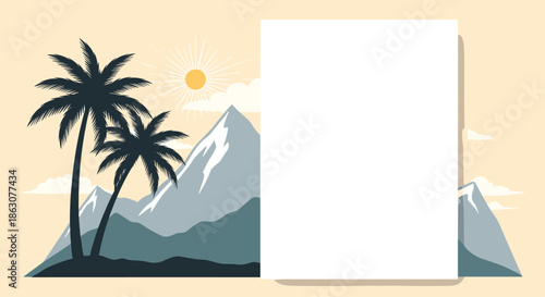 Tropical landscape with mountain peaks palm trees and a bright sun featuring a blank white card for custom text.