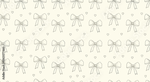 Seamless background pattern with hand drawn minimalist ribbon bows and small hearts in a light tone for cards.