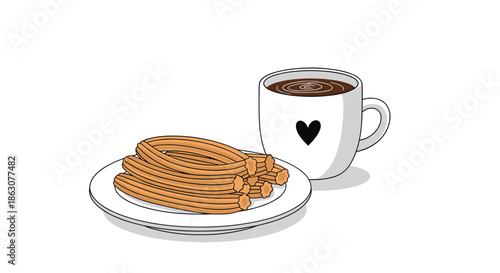 Traditional spanish churros on a plate served with a cup of hot chocolate milk in a mug decorated with a heart.