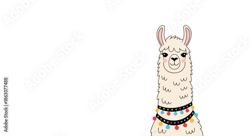 Cute llama character decorated with colorful pom pom necklaces in a simple hand drawn cartoon style for kids.