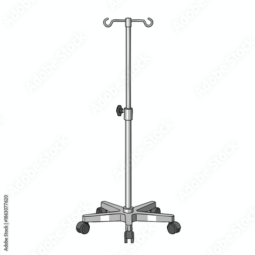 A chrome medical apparatus with hooks and wheels, designed to hold and administer fluids