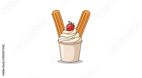 Delicious dessert cup filled with vanilla soft-serve ice cream topped with two long churros and a fresh red strawberry.