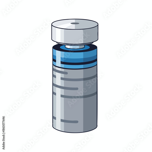 An illustrated upright vial with a stopper, blue and grey sections, and a cylindrical form