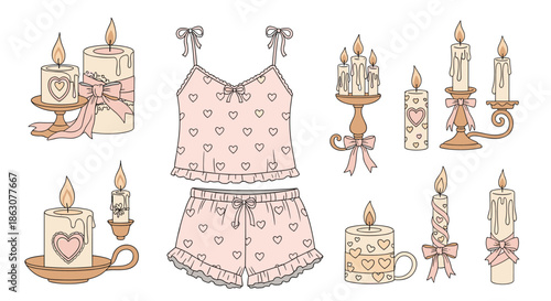 Cozy collection of various decorated candles and a light pink heart-patterned pajama set in a hand-drawn doodle style.