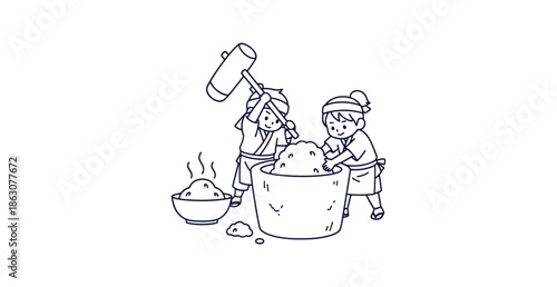 Traditional Japanese Mochi Pounding Mochitsuki Celebration Outline Vector Line Art Illustration