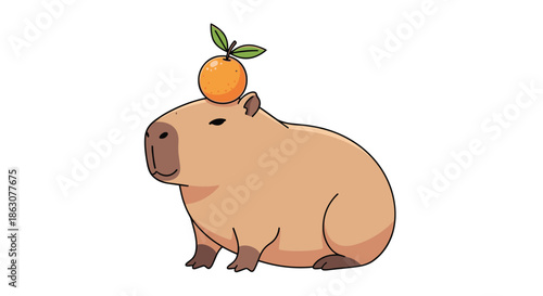 Calm brown capybara sitting peacefully with a single small orange fruit balanced carefully on its head on a white background.