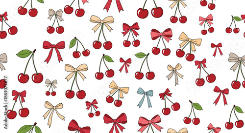 Vibrant seamless pattern of red cherries and various colored ribbons tied in bows scattered over a white background.