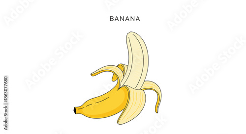 Simple hand-drawn illustration of a partially peeled yellow banana with the word banana written above on a white background.