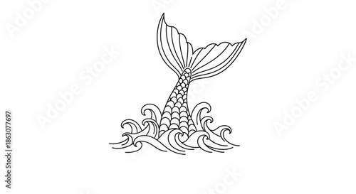 Elegant black and white line art illustration of a scaly mermaid tail emerging from stylized ocean waves on a white background.