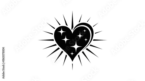 Stylized black heart with sparkling stars and radiating lines on a white background, representing love and positive energy.