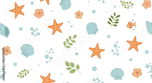 Charming nautical seamless pattern with starfish, seashells, small fish, bubbles, and seaweed on a white background.