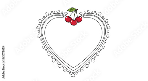 Romantic heart-shaped border decorated with tiny hearts and a bunch of red cherries at the top center on white background.