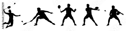 silhouettes of male badminton players in various action poses during a game. 
