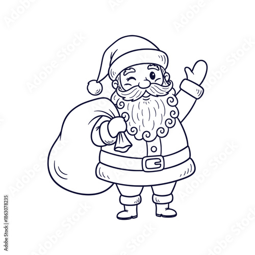 Christmas Santa Claus Character Outline Vector Waving with Sack Coloring Page