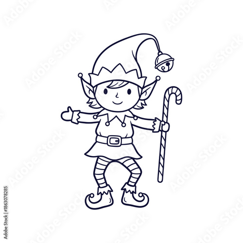 Detailed Christmas Elf Outline Drawing Holding Candy Cane Holiday Helper Vector Art