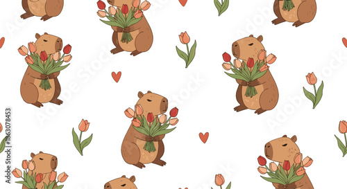 Charming seamless pattern of cute capybaras holding colorful tulip bouquets with small red hearts on a clean white background.