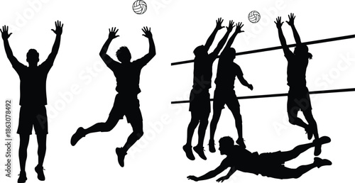 Silhouettes of volleyball players in dynamic poses jumping, blocking, spiking, and diving, showcasing teamwork, energy, competition, and athletic performance