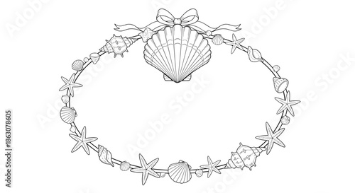 Detailed black and white line art illustration of an oval frame composed of various seashells and starfish with a ribbon bow on top.