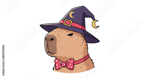 Cute cartoon capybara character dressed as a wizard with a purple pointed hat and a red polka dot bowtie on a white background.