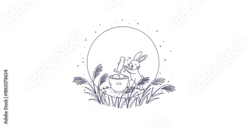 Traditional Jade Rabbit Pounding Mochi Vector Outline Illustration for Mid-Autumn Festival