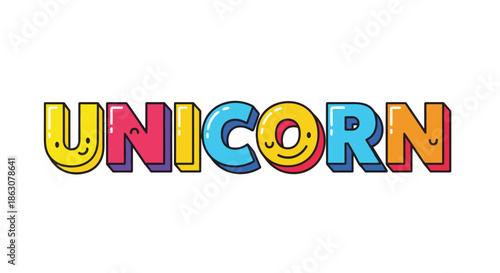 Playful and colorful bubble letters spelling out unicorn with cute smiling faces on each character isolated on a white background.