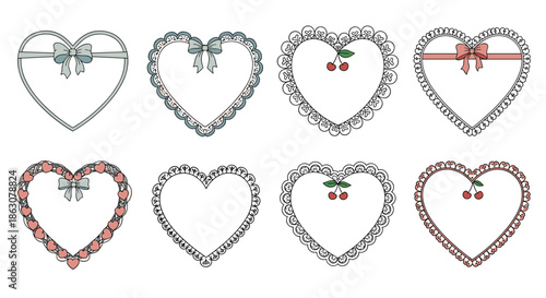 Collection of eight diverse heart shaped frames decorated with lace borders, ribbons, bows, and cherries in soft pastel colors.