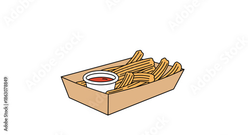 Serving of crispy golden churros in a cardboard take away box with a side of red dipping sauce isolated on a white background.