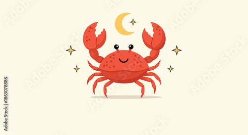 Adorable red cartoon crab character surrounded by a yellow crescent moon and twinkling stars on a light cream background.