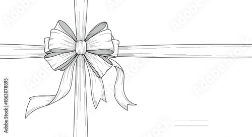 Detailed black and white sketch of a large decorative ribbon bow tied on a cross ribbon against a clean white background.