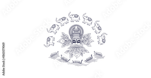 Kerala Traditional Festival Vector Outline Artwork featuring Kathakali Dance Elephants and Snake Boats