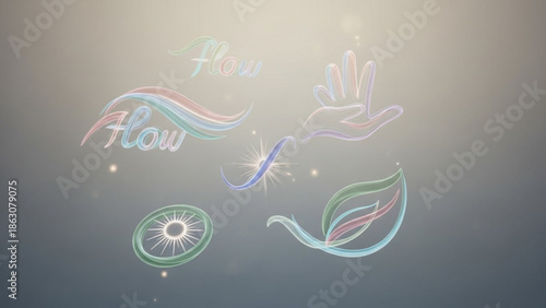 Collection of abstract flowing symbols and words flow representing harmony nature and movement ideal for wellness or spiritual concepts