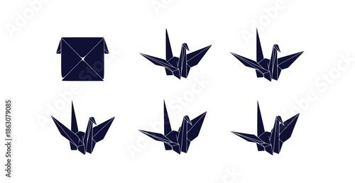 Minimalist Japanese Origami Paper Crane Vector Icon Set Geometric Tsuru Symbol