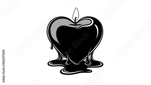 Black heart-shaped candle melting, creating a dark and melancholic atmosphere, isolated on white background.