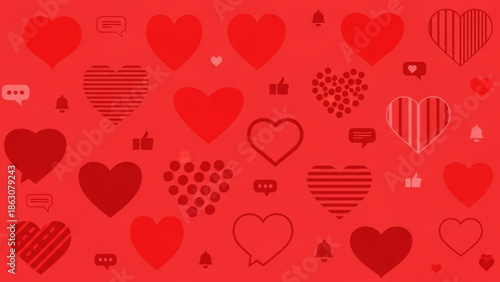 Collection of red hearts and social media icons symbolizing love and engagement perfect for Valentines Day or digital marketing backgrounds
