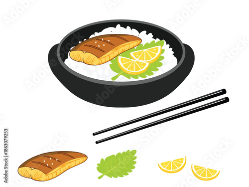 Grilled salmon rice bowl illustration with lemon slices and green leaves, served with chopsticks in a clean flat style for food menus, healthy cuisine graphics, and modern cooking designs